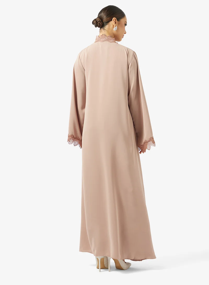 hayas closet Lace Detailed Open Front V Neck Abaya